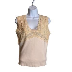 olo Women's Beige Lace Trim Ribbed Knit Cami Top Size L Shell Layers Delicate